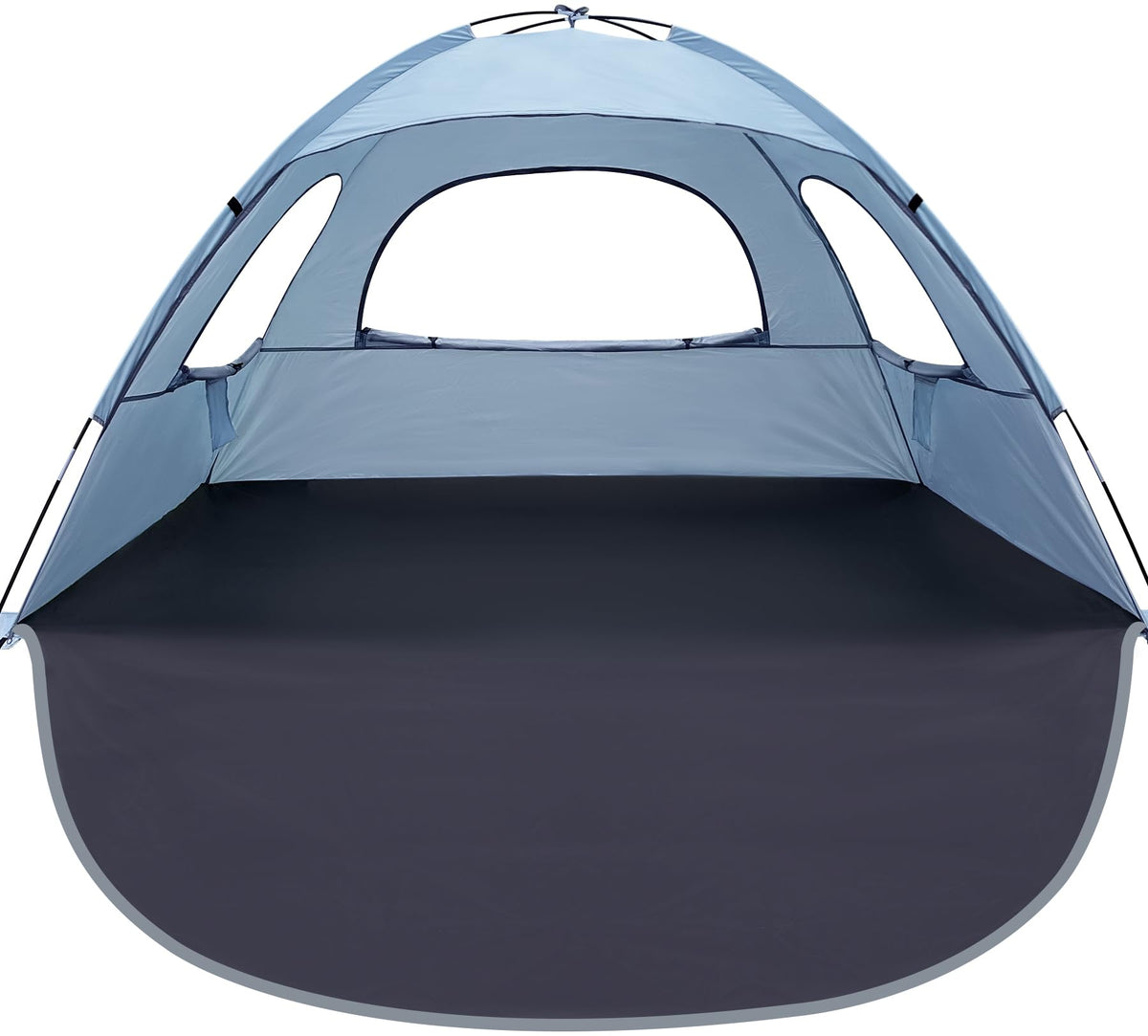 WhiteFang Beach Tent Sierra Blue front view showcases a sturdy structure and family-friendly shade for a comfortable seaside day.