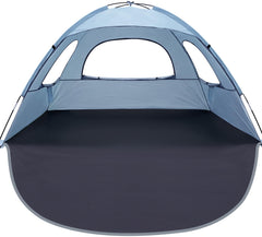 WhiteFang Beach Tent Sierra Blue front view showcases a sturdy structure and family-friendly shade for a comfortable seaside day.
