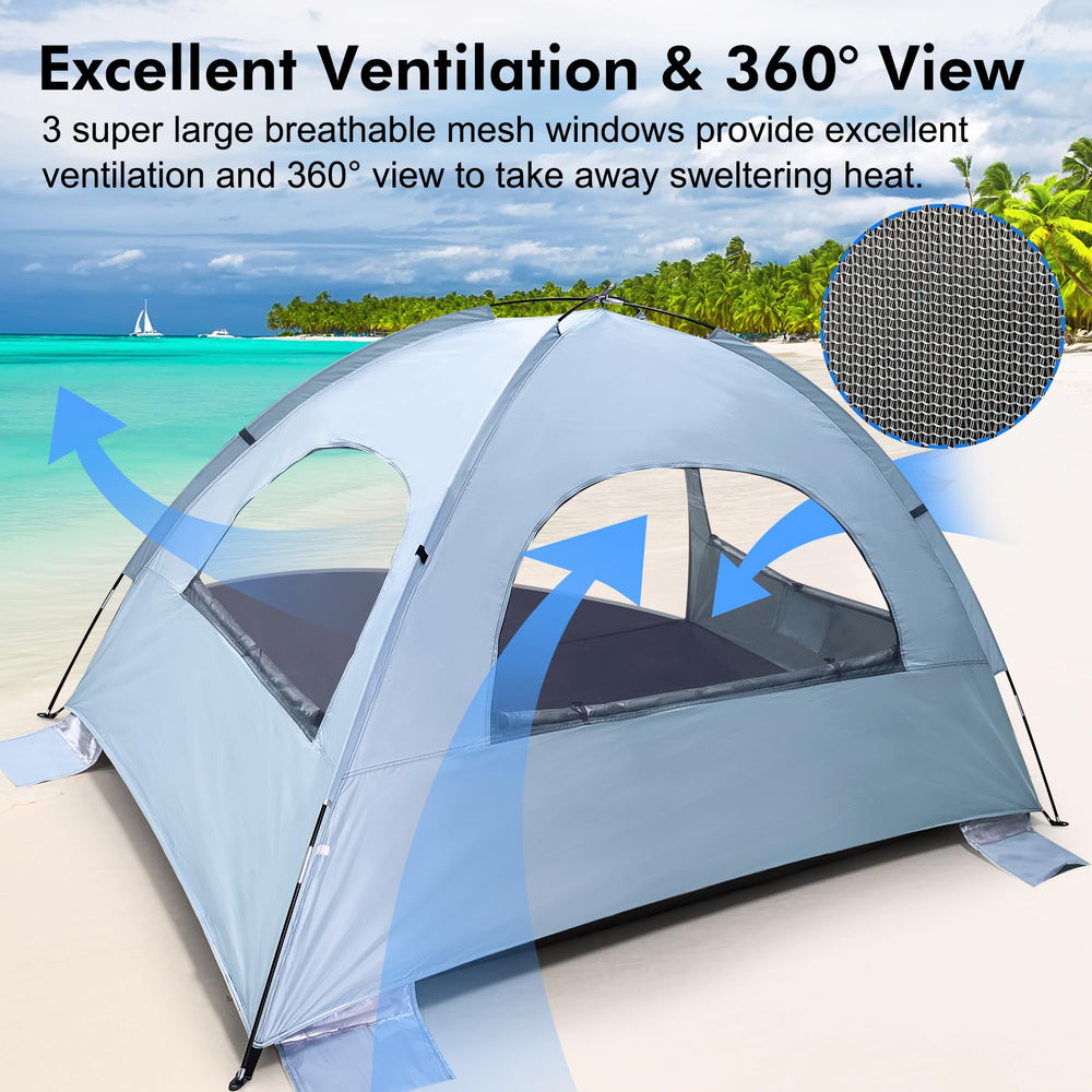 WhiteFang Beach Tent stability rig emphasizes 9mm fiberglass rods and wind resistance.