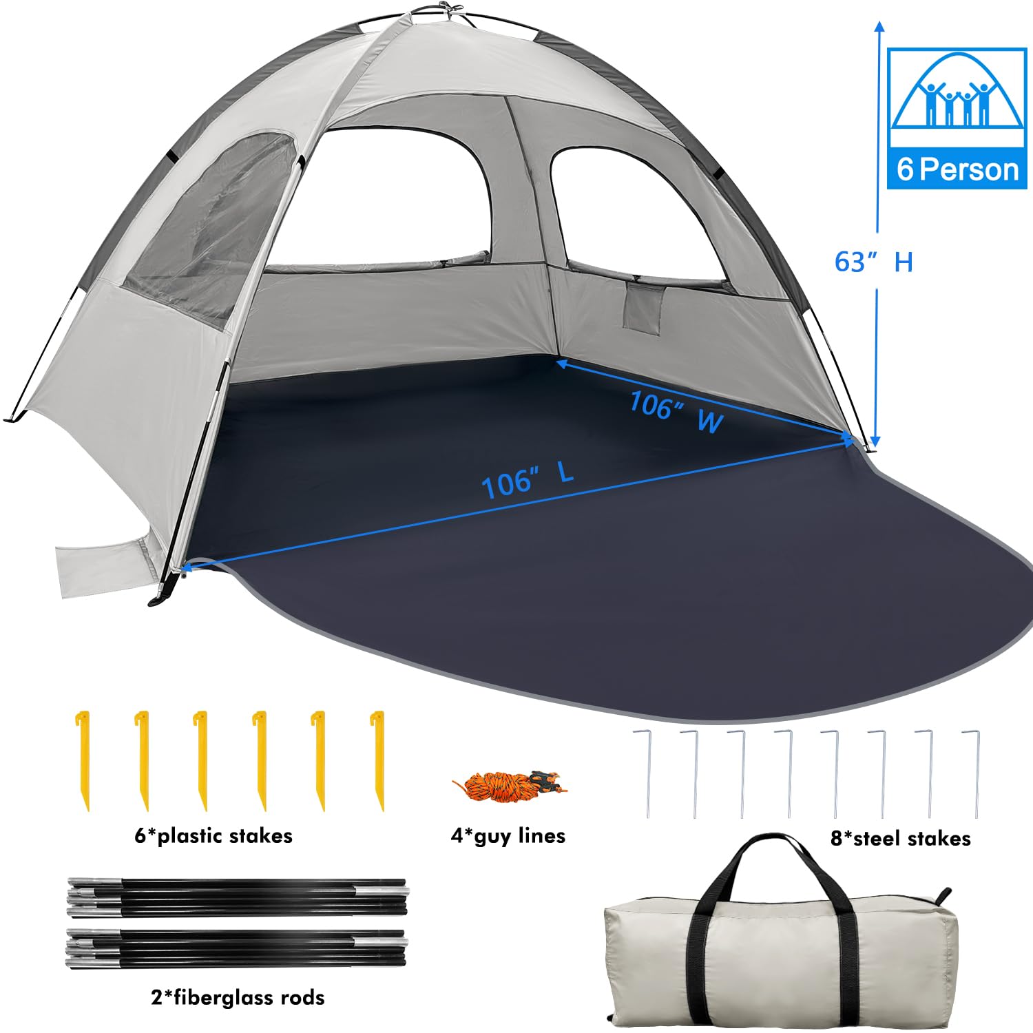 WhiteFang beach tent windproof design with stakes secures shelter on windy shores.
