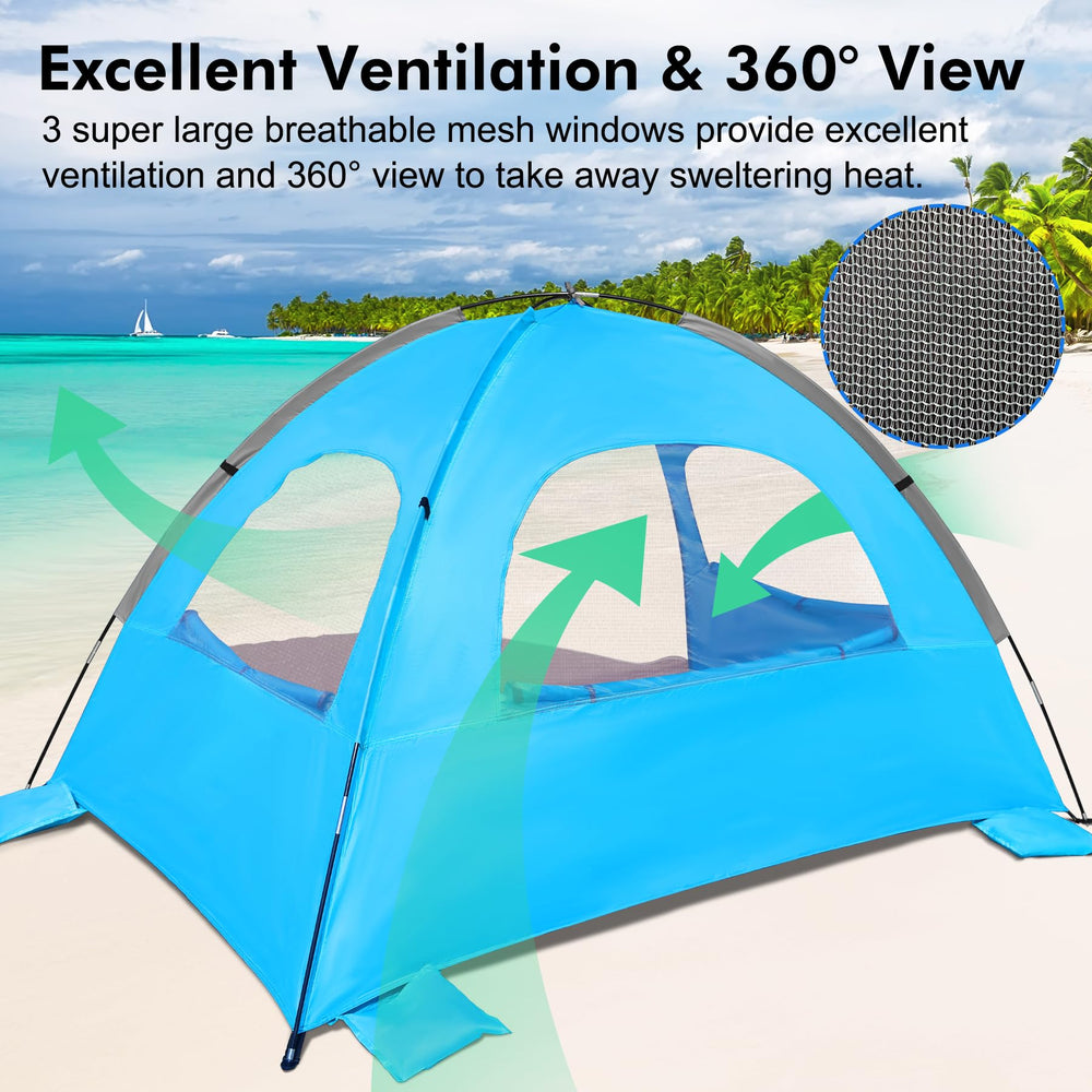 Stability features on WhiteFang Beach Tent with stakes and lines setup