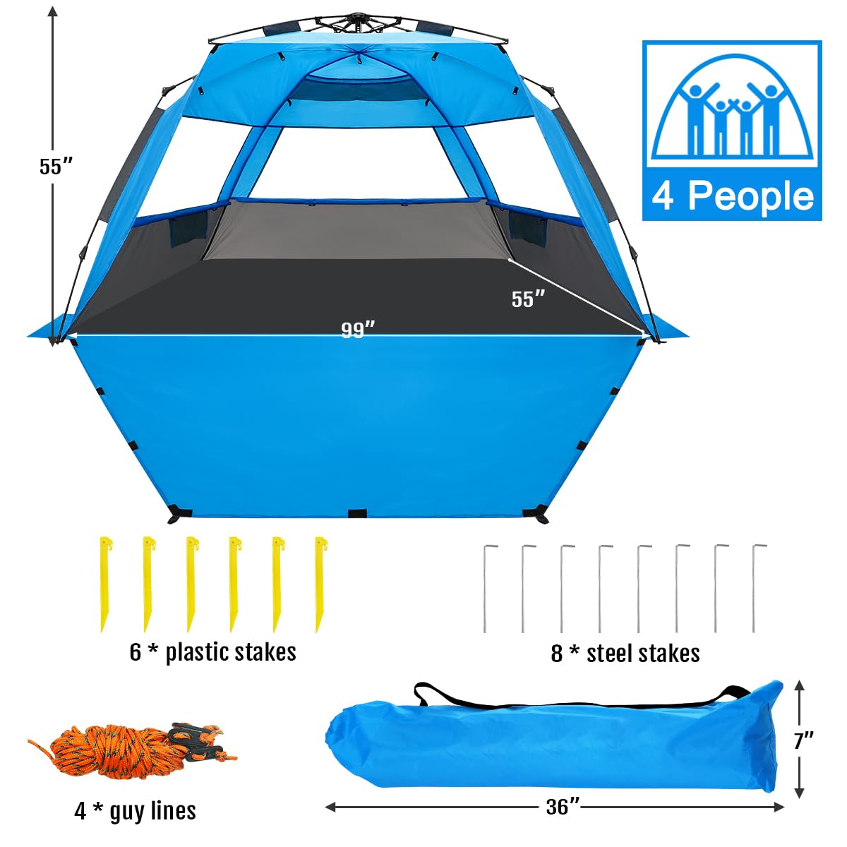 WhiteFang Deluxe XL includes stakes and sandbags for stable beach setup