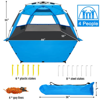 WhiteFang Deluxe XL includes stakes and sandbags for stable beach setup