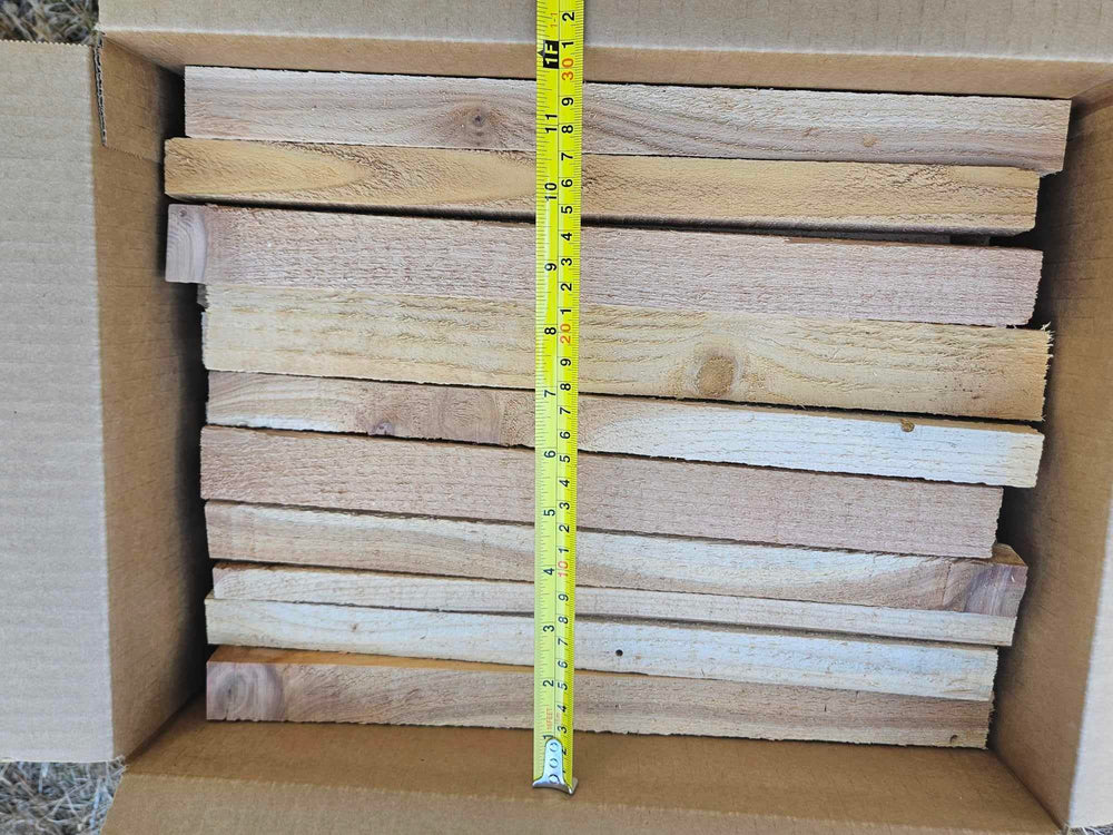 Whitehorse Acres cedar kindling box open, 60–70 sticks about 15 inches long