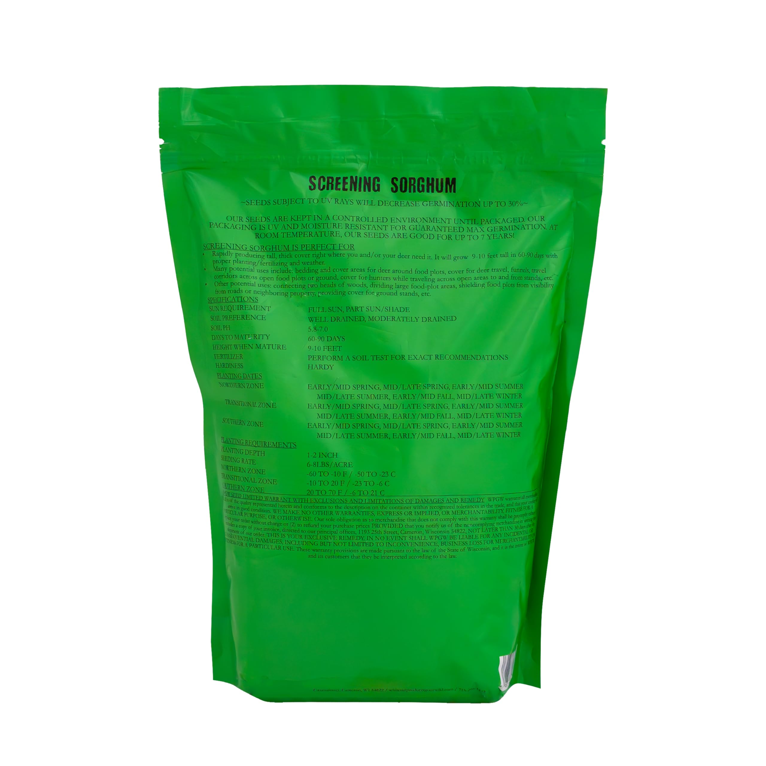 Whitetail Products Gone Wild bag back highlights high-nutrition forage seed.