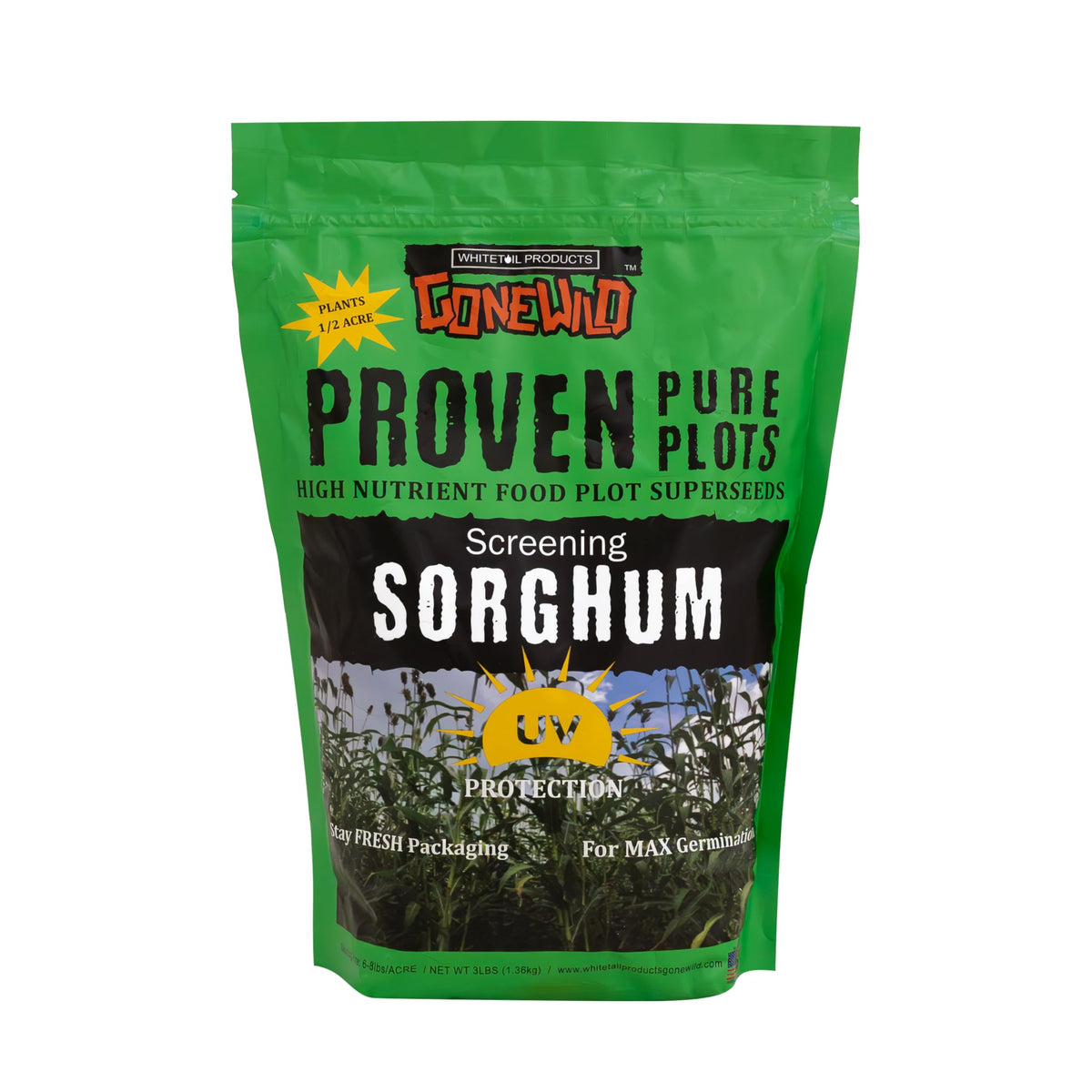 Whitetail Products Gone Wild screening sorghum seed bag front, drought-tolerant forage option.