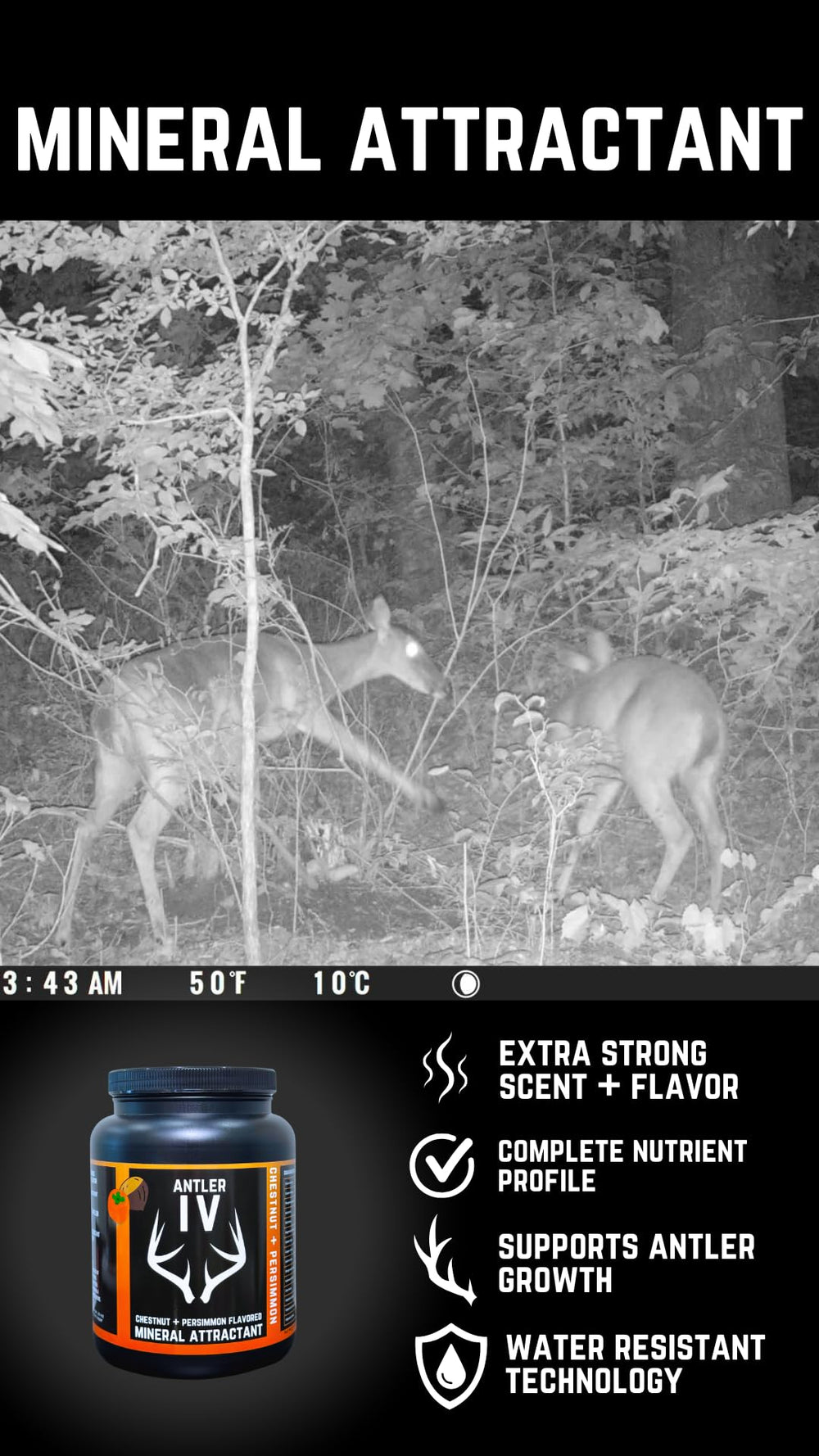 Whitetail Hill Antler IV chestnut-persimmon scent attracts deer in the field.