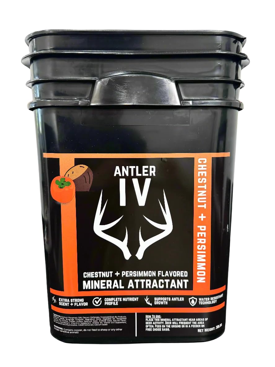 Whitetail Hill Antler IV mineral attractant jug with chestnut and persimmon scent attracts deer year-round.