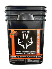 Whitetail Hill Antler IV mineral attractant jug with chestnut and persimmon scent attracts deer year-round.