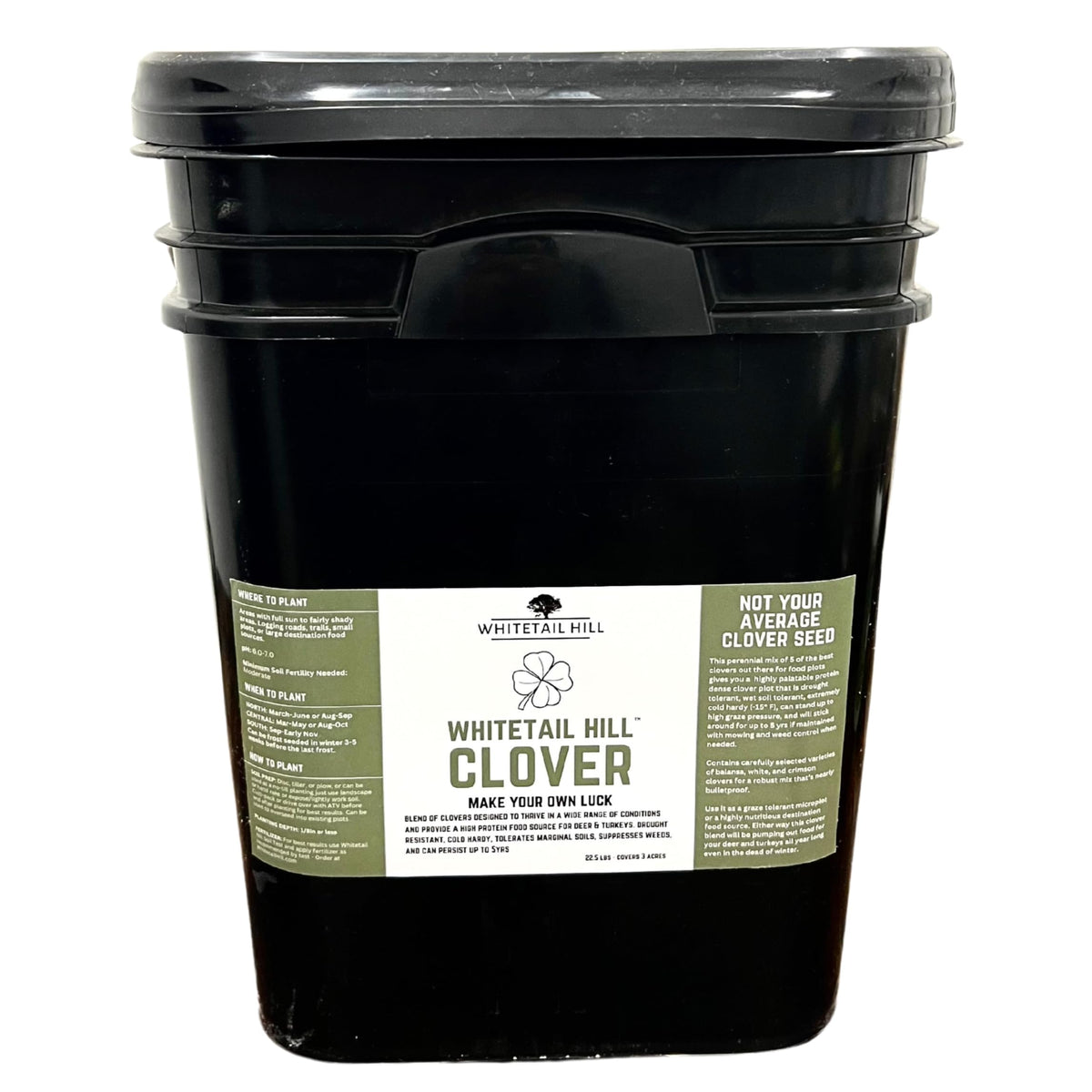 Whitetail Hill Clover Seed Bag showing a drought-tolerant perennial blend for year-round deer and turkey forage.