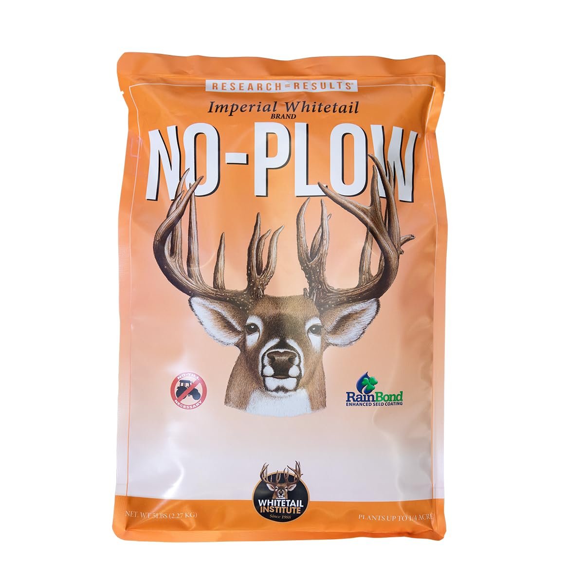 Whitetail Institute No-Plow seed bag showing ready-to-plant deer forage blend
