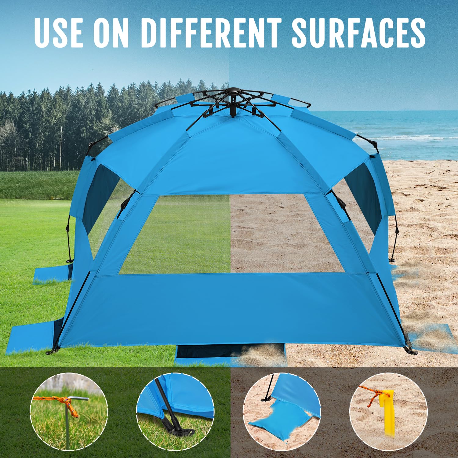 WhiteFang XL pop-up beach tent anchored with stakes and sandbags for stable setup
