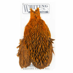 Whiting Farms Brahma Hen Cape, badger dyed golden brown, ideal for soft hackle collars.