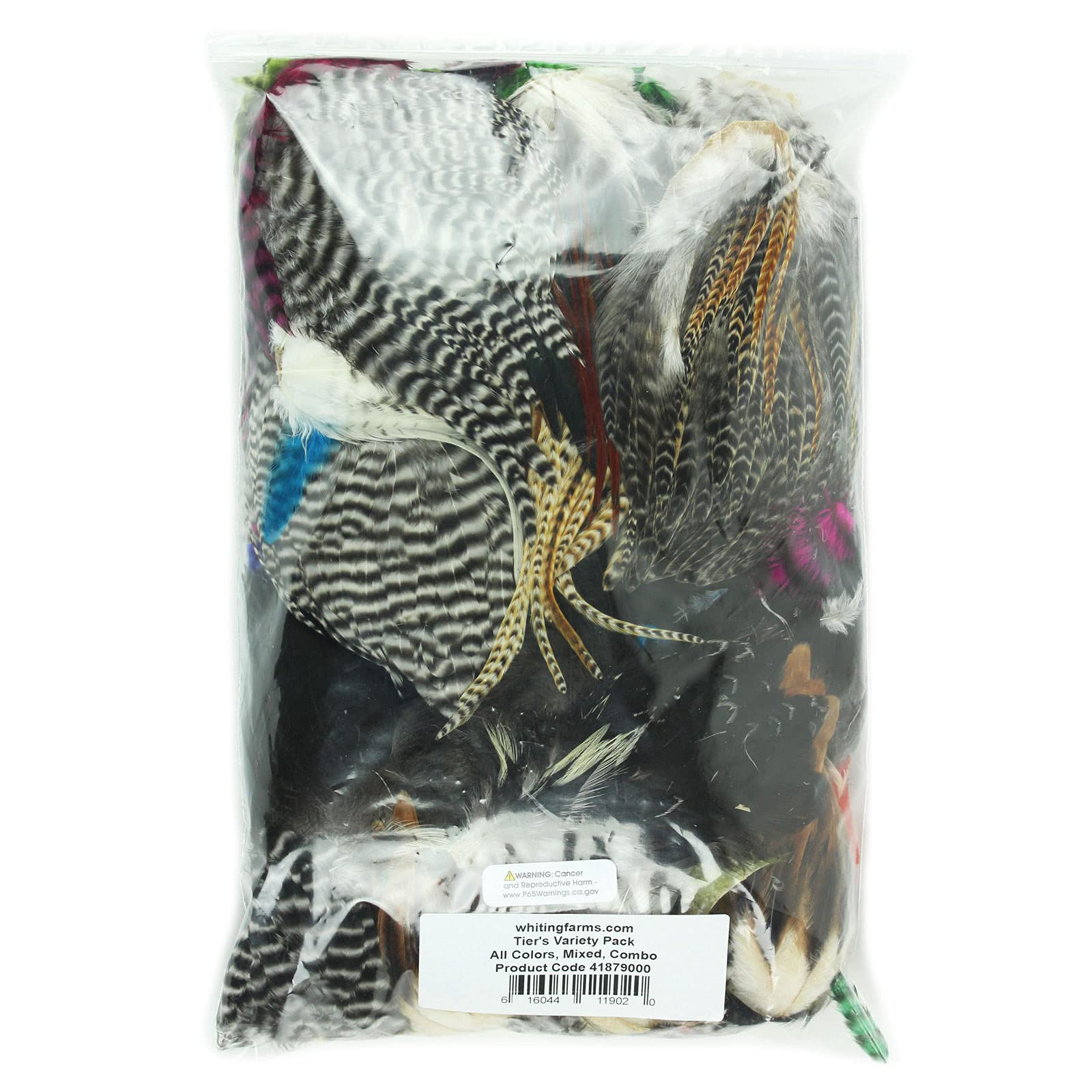 Whiting Farms Fly Tier's Variety Pack feathers close-up showing Grizzly, Brown, Dun, and Black options for patterns