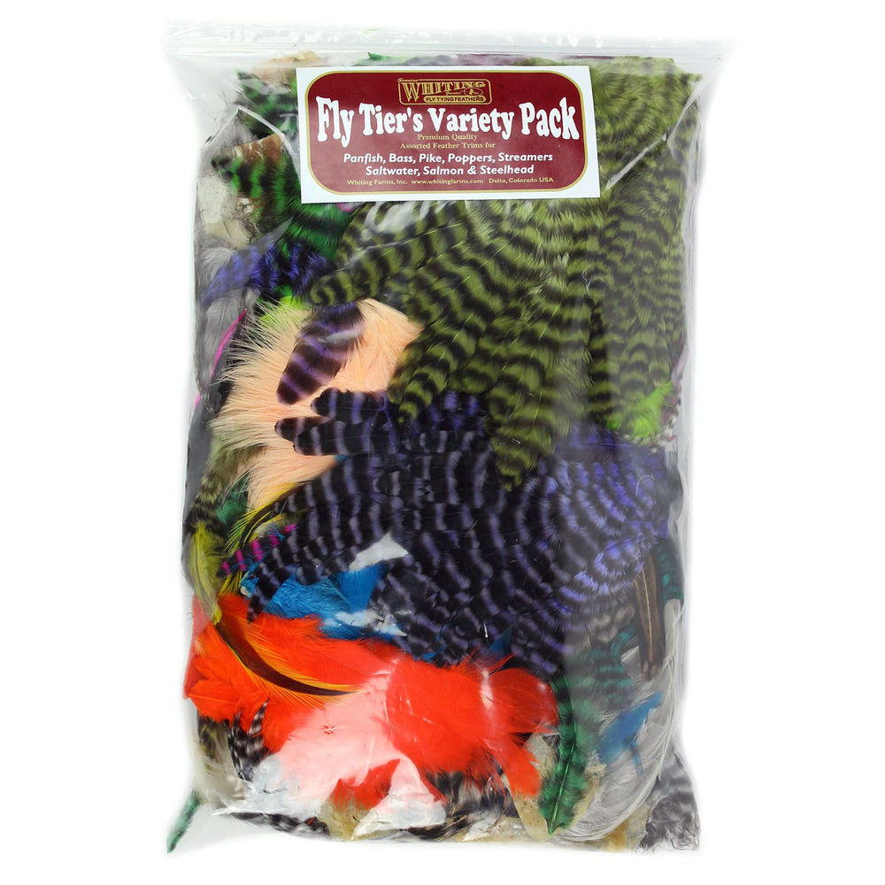 Whiting Farms Fly Tier's Variety Pack open box showing diverse feathers for beginners