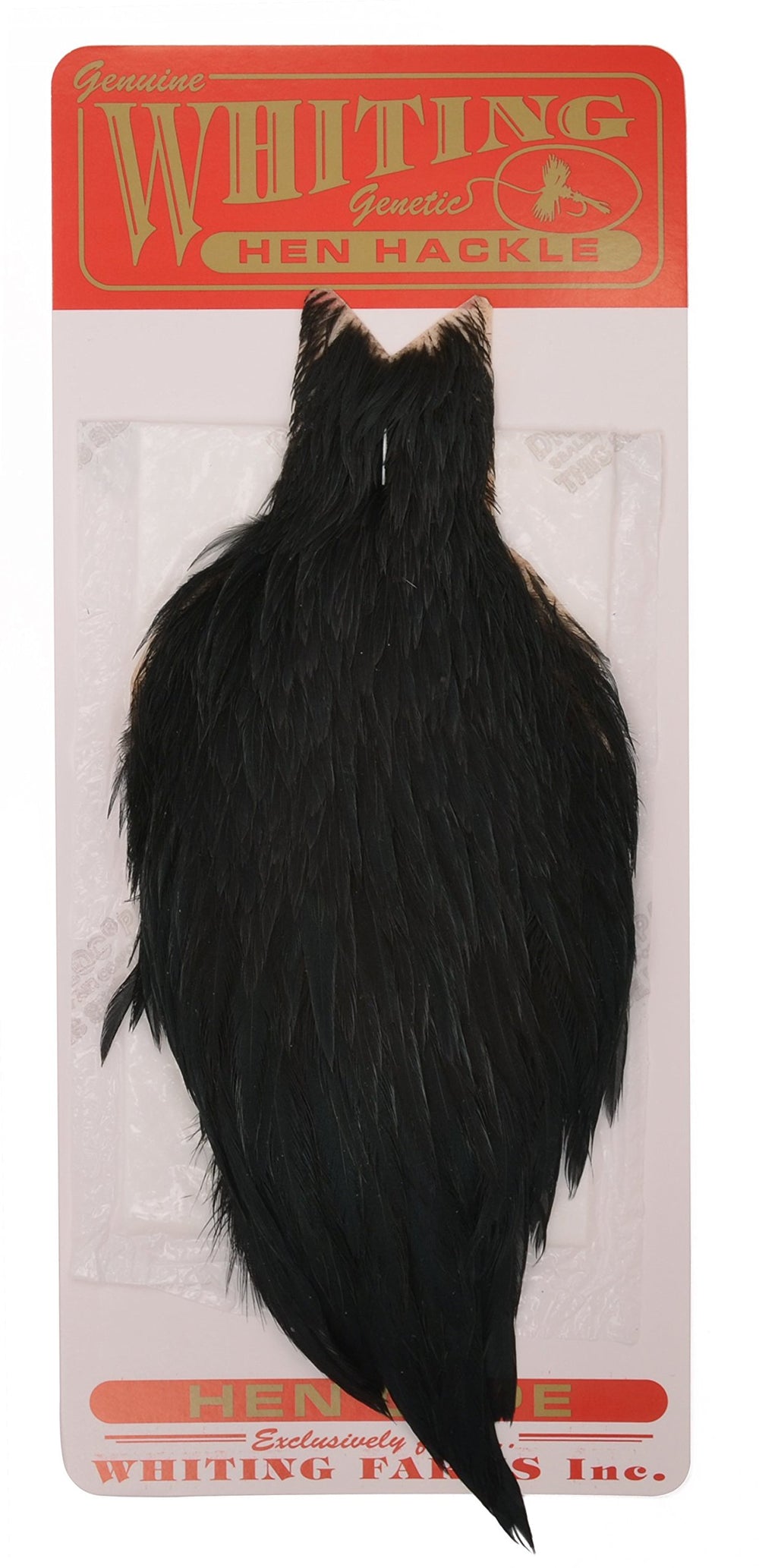 Whiting Farms Hen Cape Black offers versatile hackle for dry fly wings and collars.