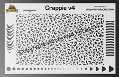 Whitmore Farm Crappie v4 mesh airbrush stencil made from 7.5 mil Mylar; reusable and laser-cut for precision.