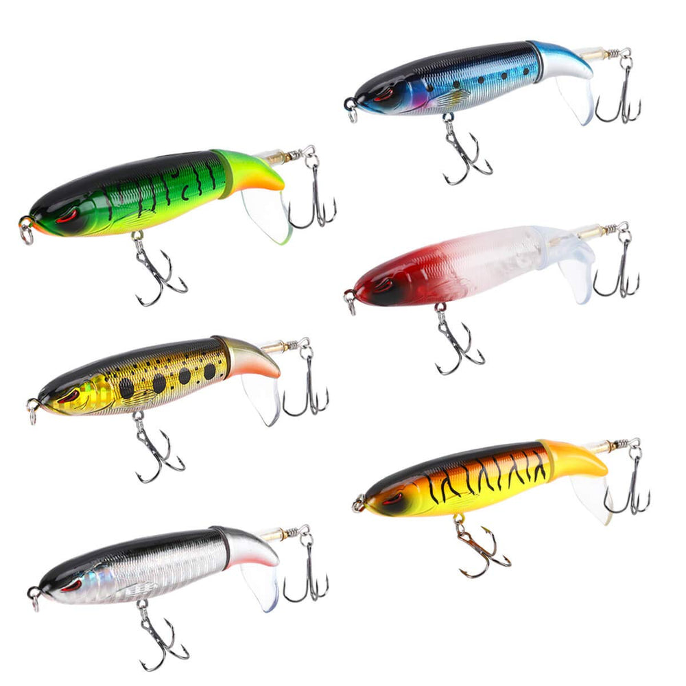 Six Whopper bass lures displayed in a tackle box
