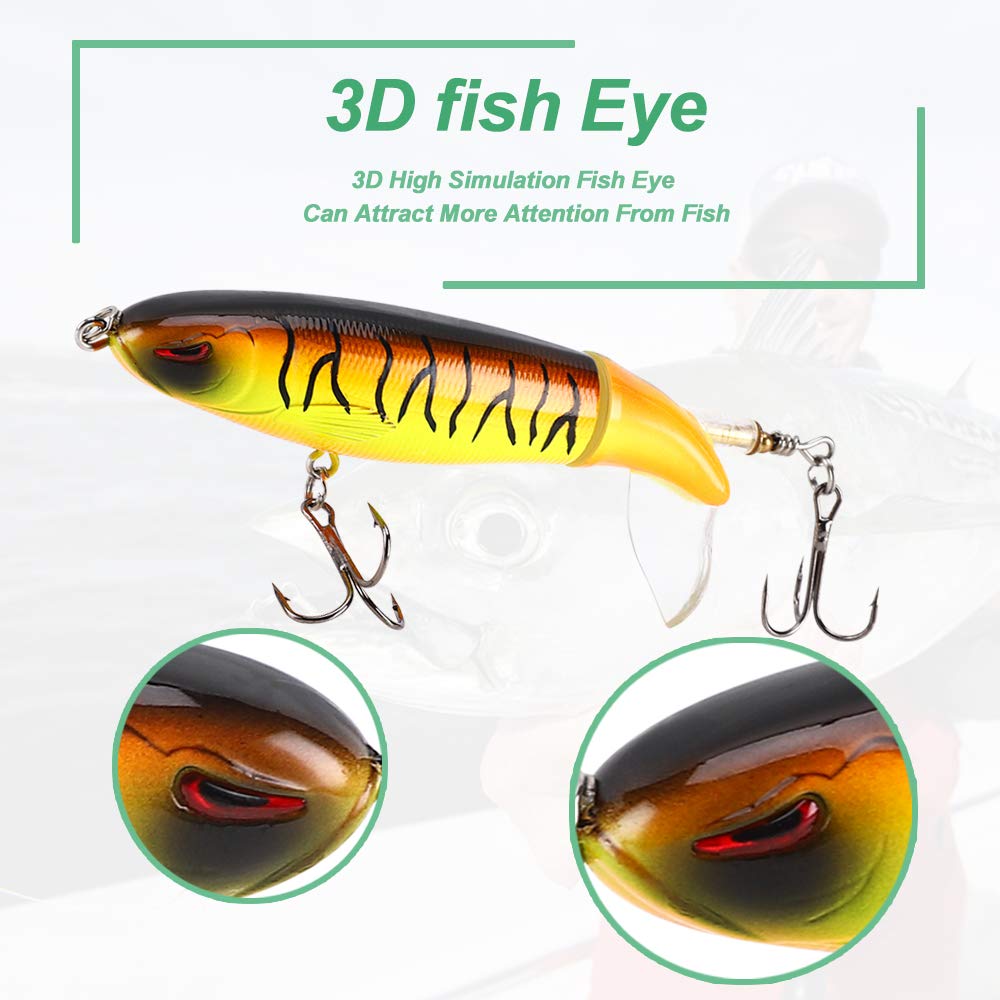 Lures arranged on water surface showing topwater action