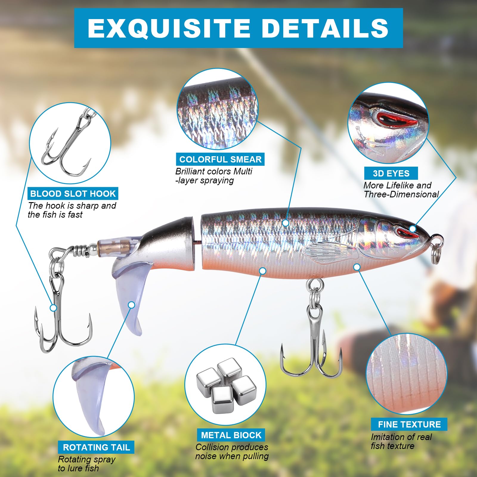 Whopper rotating tail lure with floating action and treble hooks