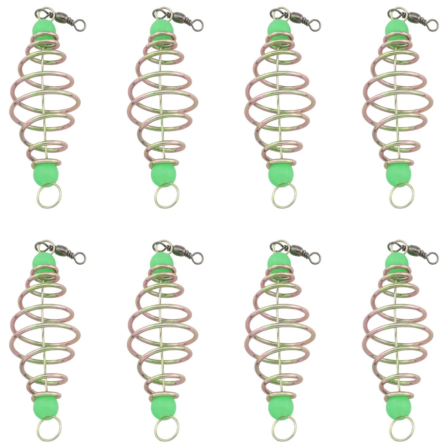 WHYHKJ 8pcs Spring Fishing Feeder – inline bait cage close-up (gold and green)