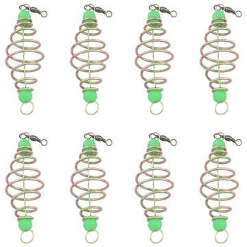 WHYHKJ 8pcs Spring Fishing Feeder – inline bait cage close-up (gold and green)