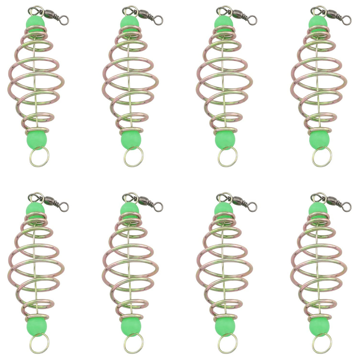 WHYHKJ 8pcs Spring Fishing Feeder – inline bait cage close-up (gold and green)