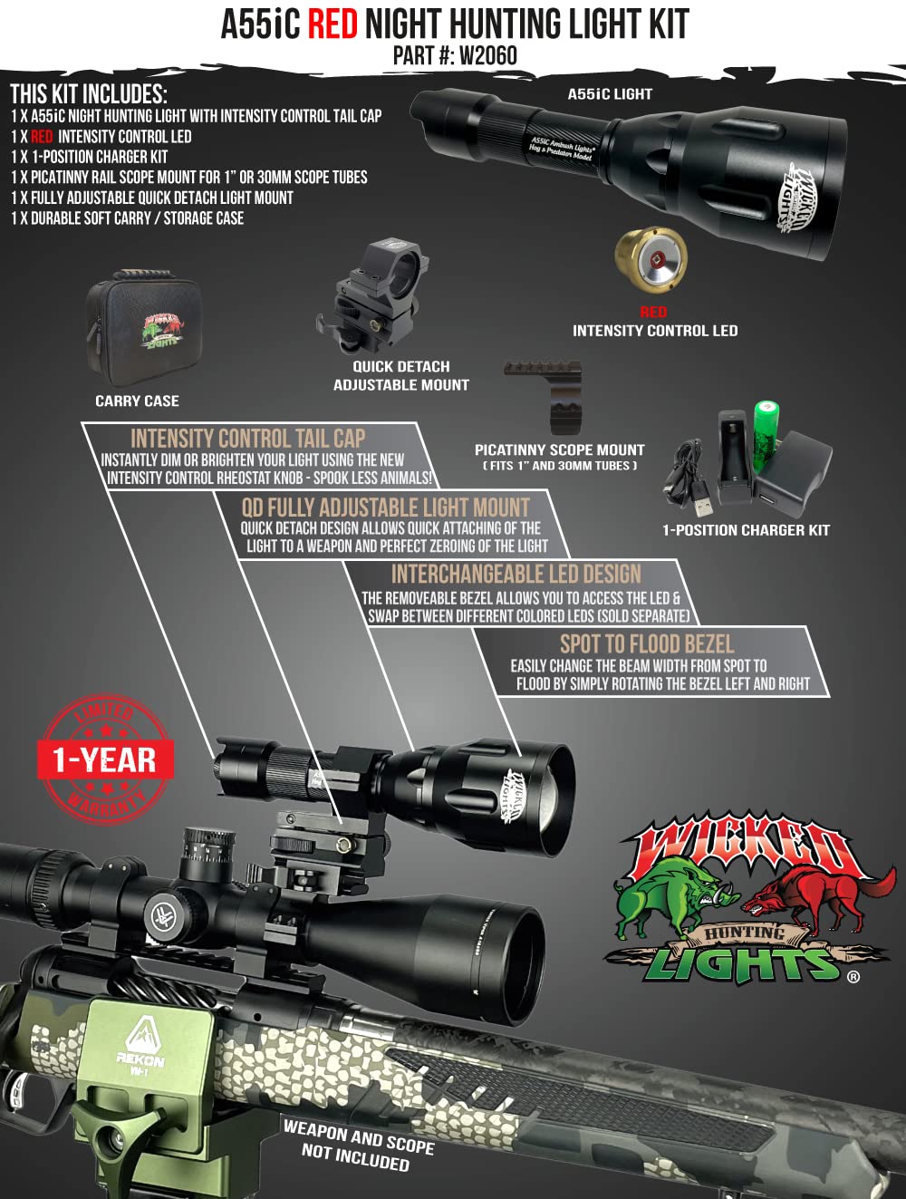 Wicked Lights A55iC red intensity LED provides red illumination for predator hunting.