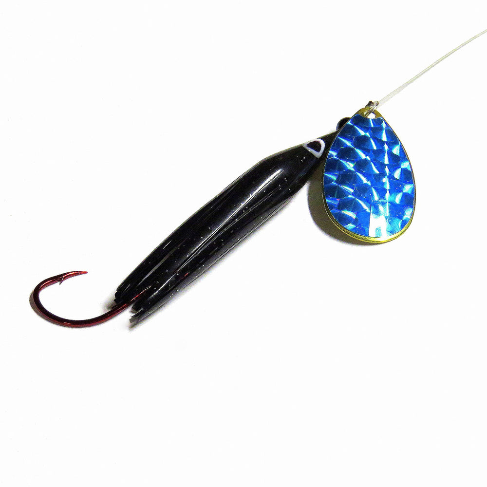 Wicked Lures Black-Blue spoon lure with blue brass blade attracts salmon and steelhead.