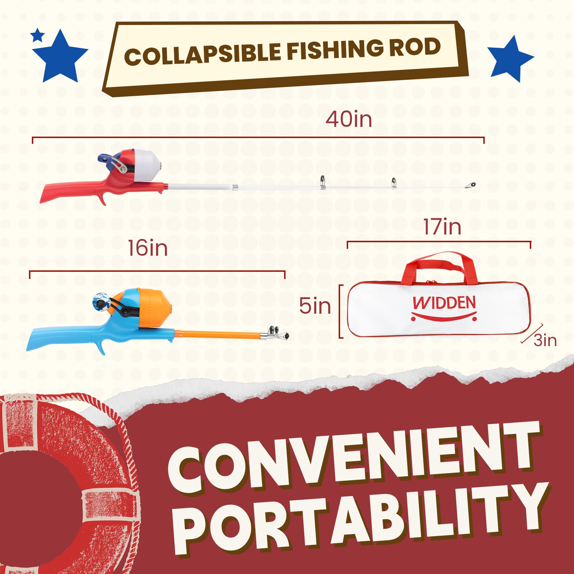 WIDDEN Kids Fishing Pole collapsible rod folds compactly for easy transport.