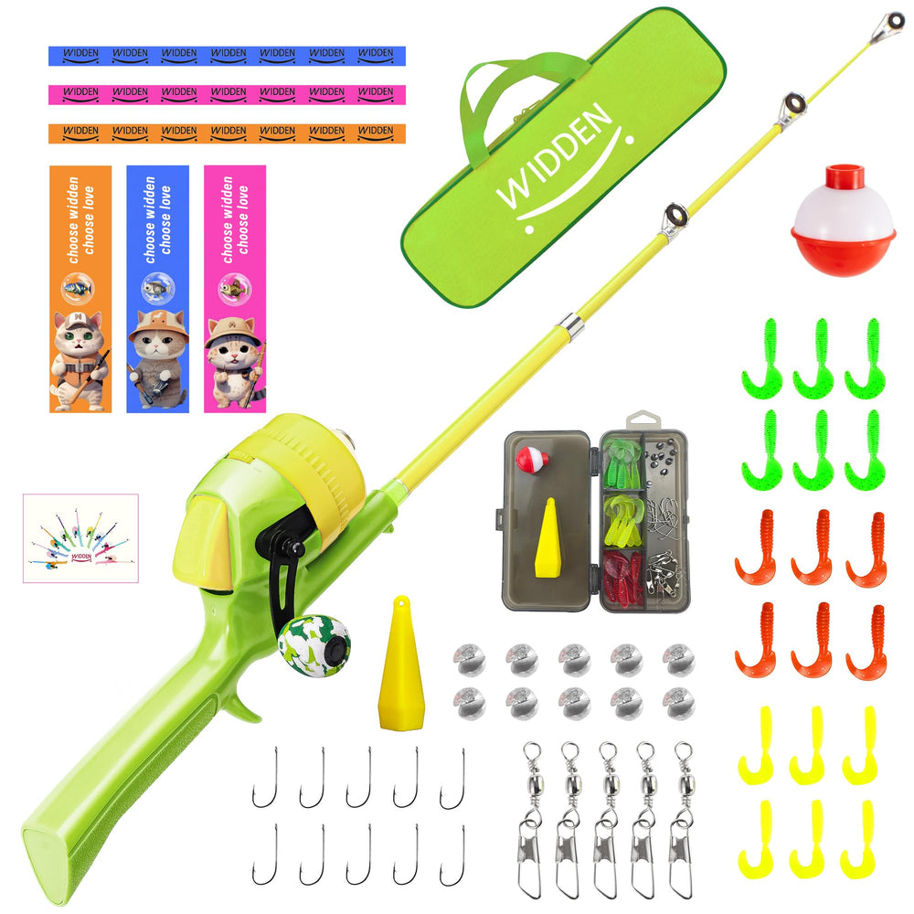 WIDDEN kids fishing pole collapsible design for easy storage and transport.