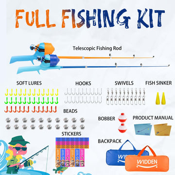 WIDDEN Kids fishing pole blue and orange set appeals to kids.