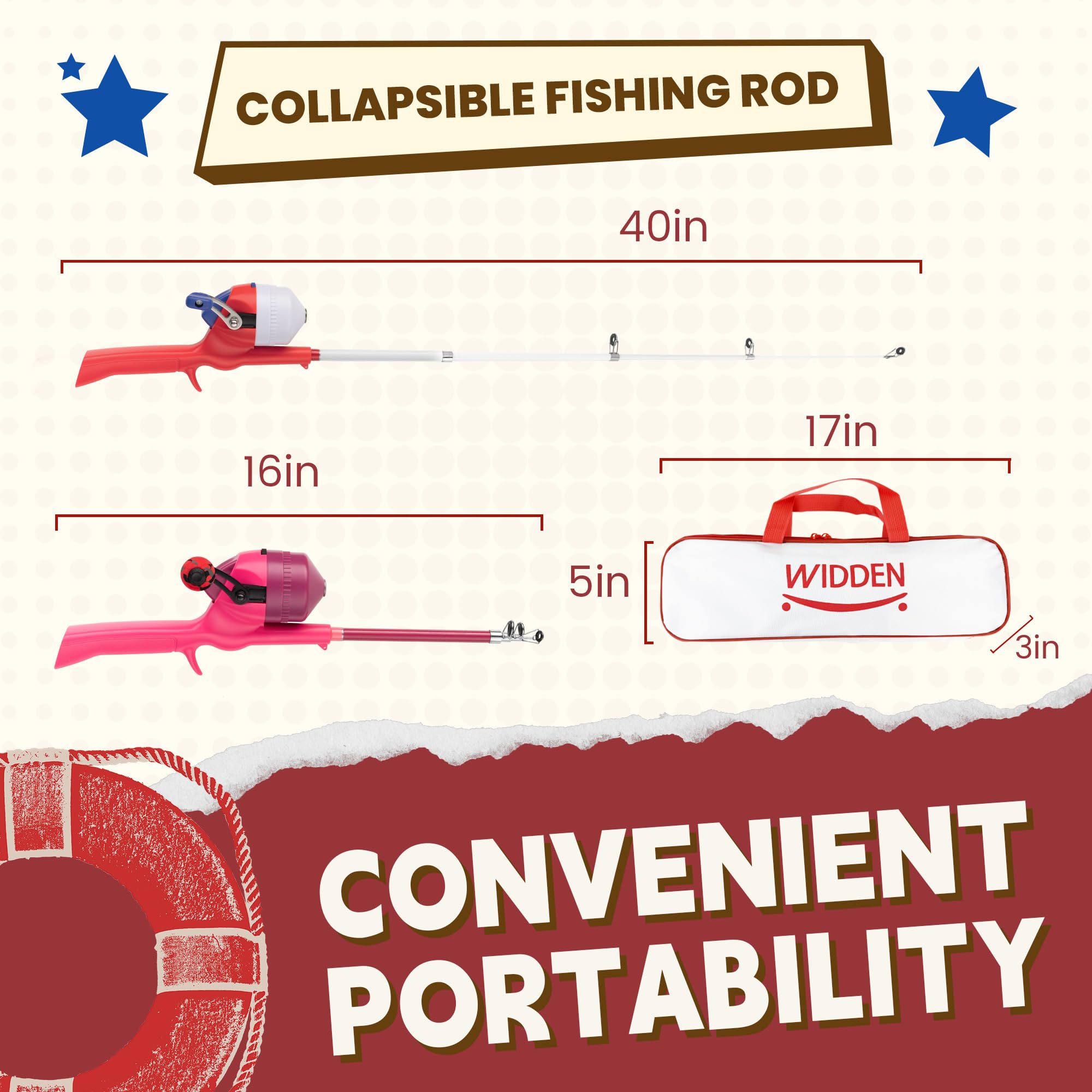 WIDDEN kids fishing pole in compact folded mode for portable storage