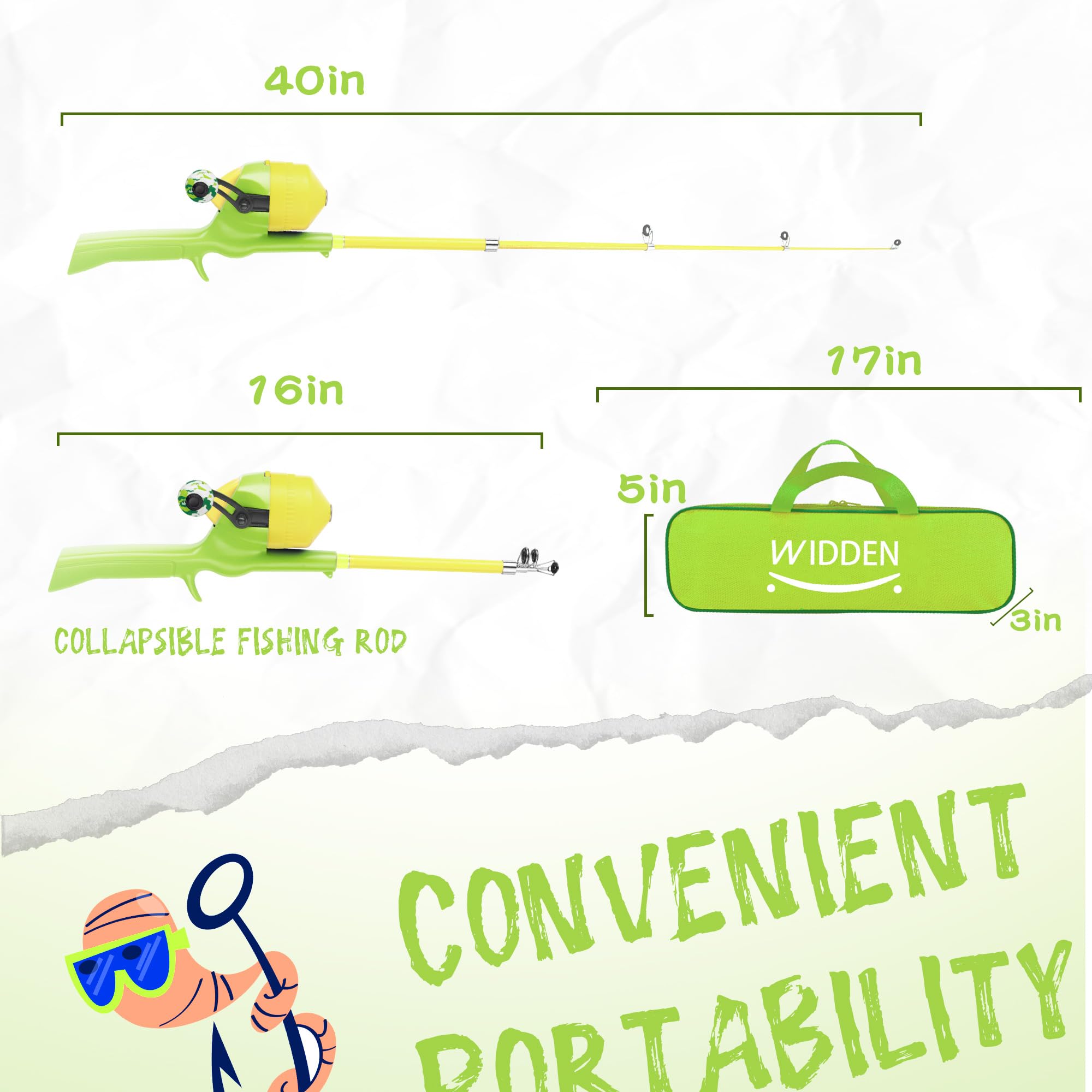 WIDDEN kids fishing pole reel setup shows beginner-friendly operation.