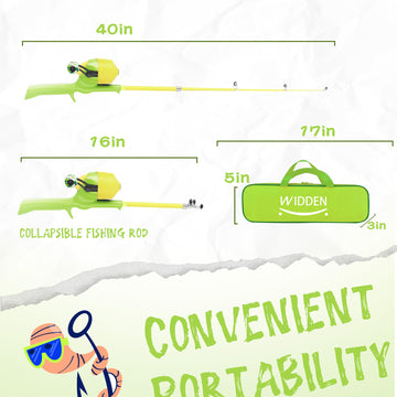 WIDDEN kids fishing pole reel setup shows beginner-friendly operation.
