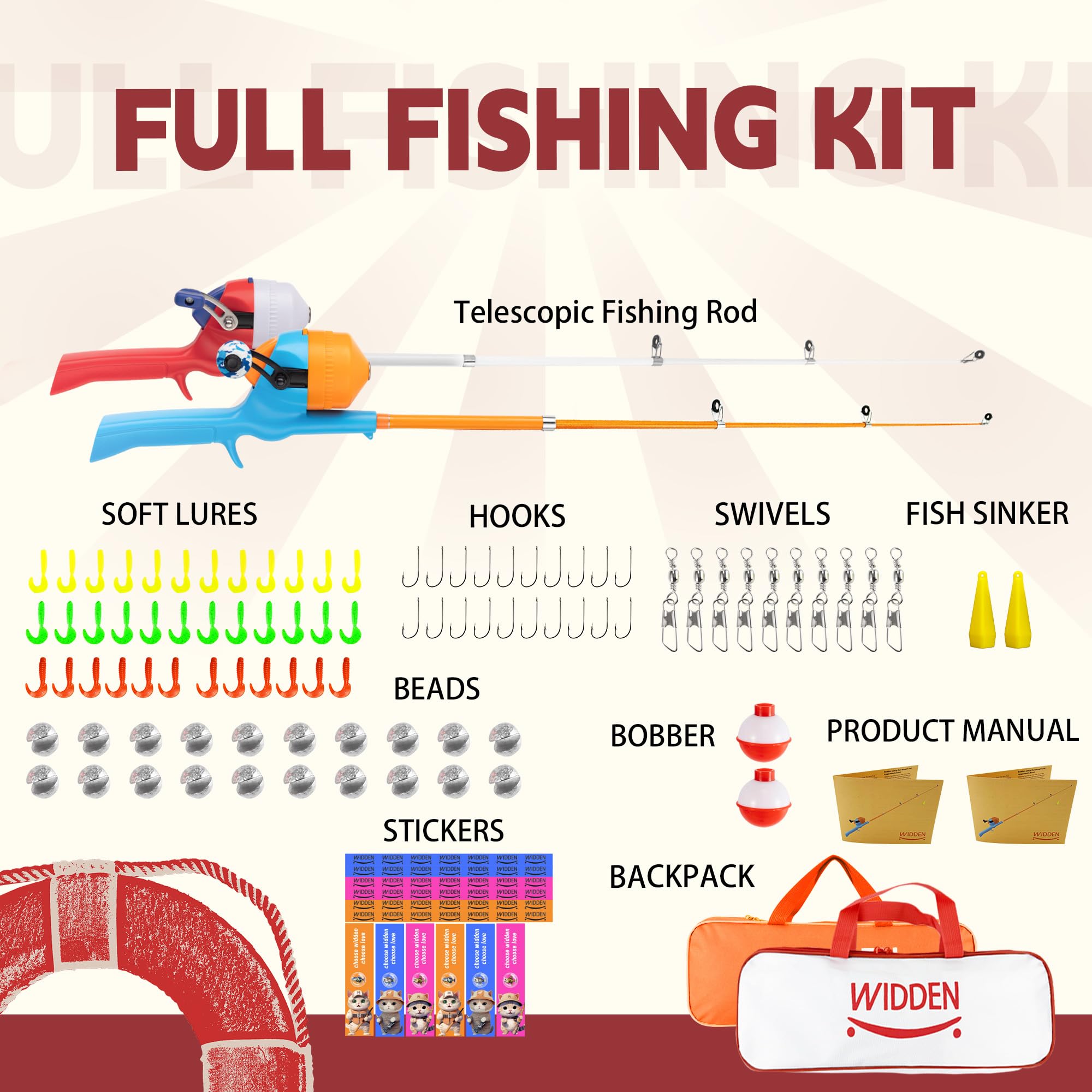 WIDDEN Kids Fishing Pole rod-guide closeup highlights rust-resistant stainless steel guides.