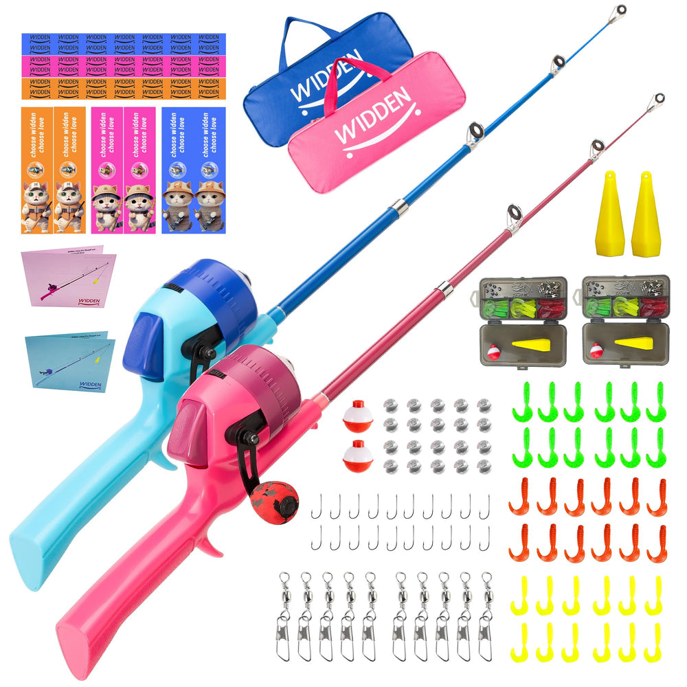 WIDDEN kids fishing pole assembled with reel, easy-to-use beginner setup for ages 4+.