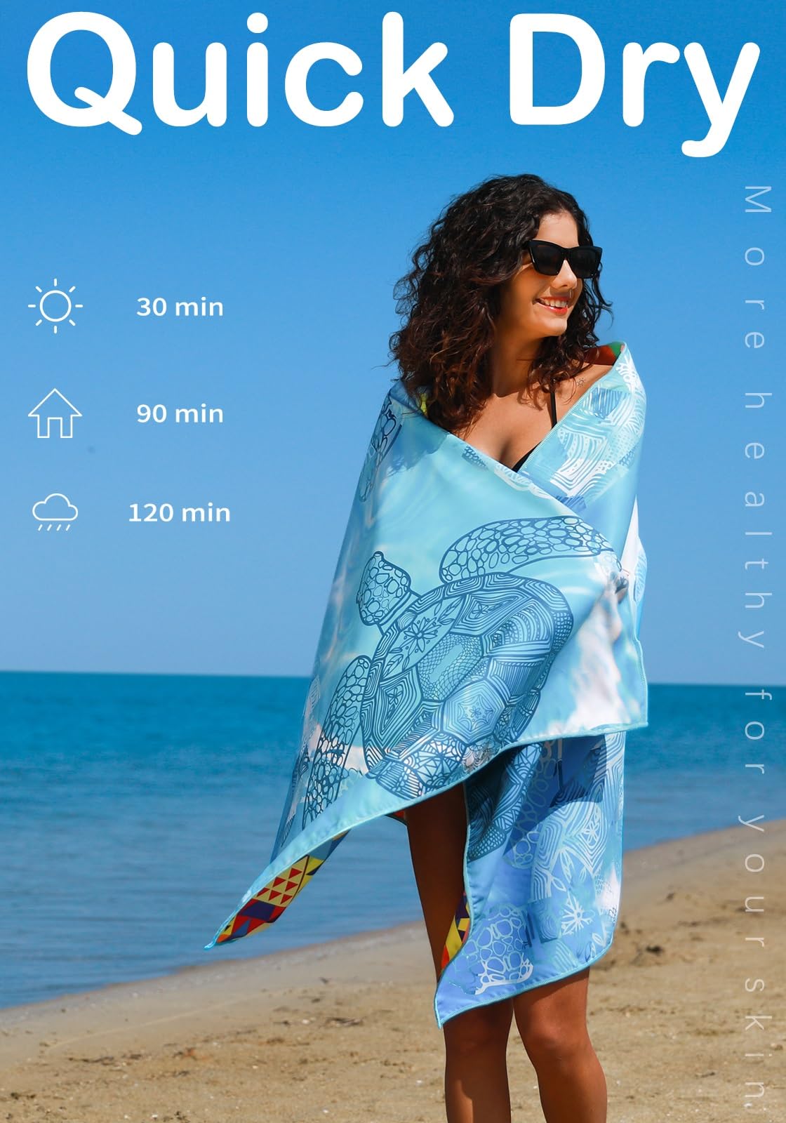 Widdonen lightweight towel with carry strap fits easily in bags.