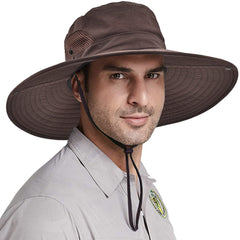 Front view of wide brim fishing sun hat on model