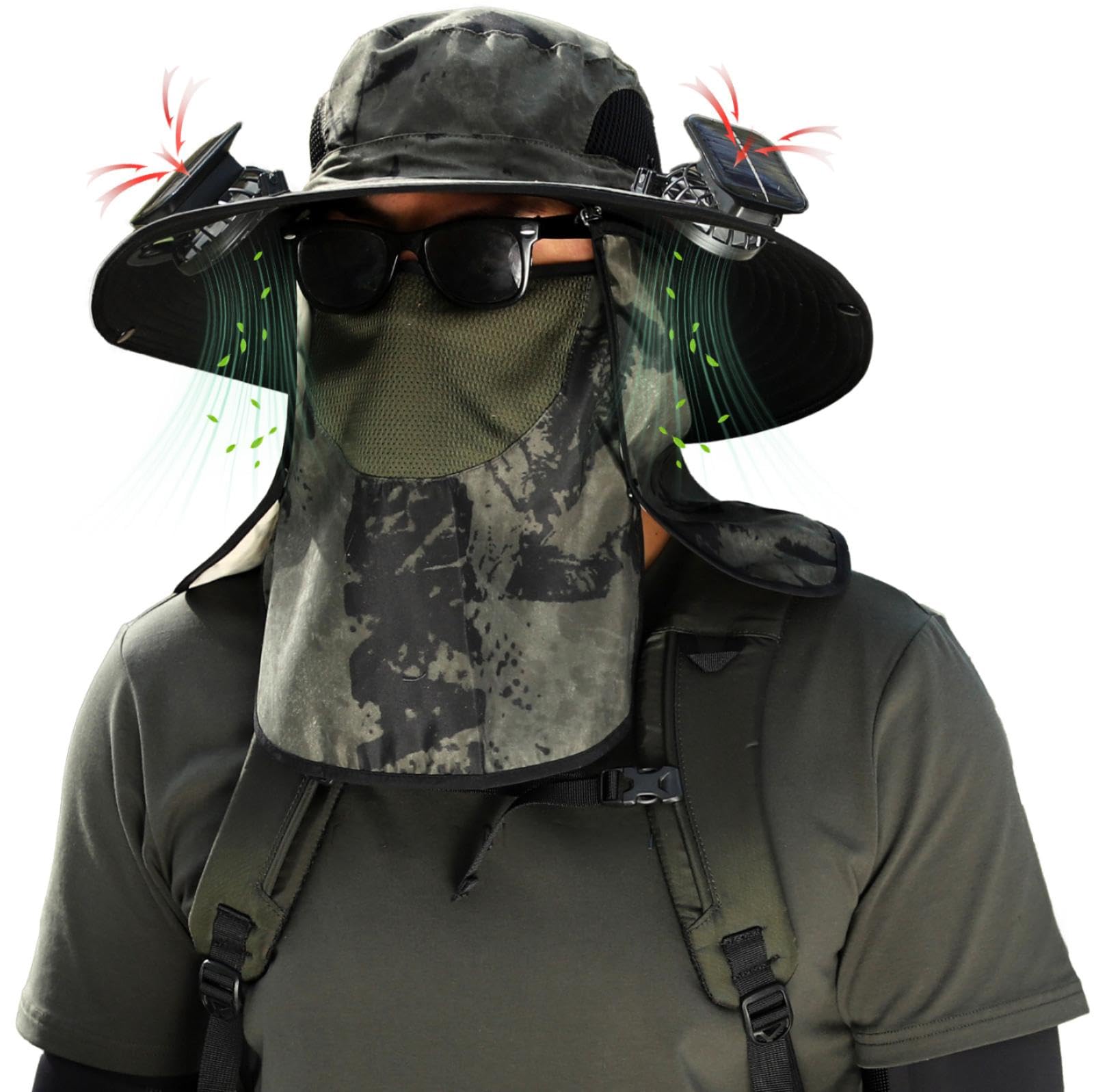 Wide brim solar fan hat in camouflage green with removable neck flap