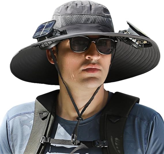 Front view of wide brim solar fan hat with dual fans