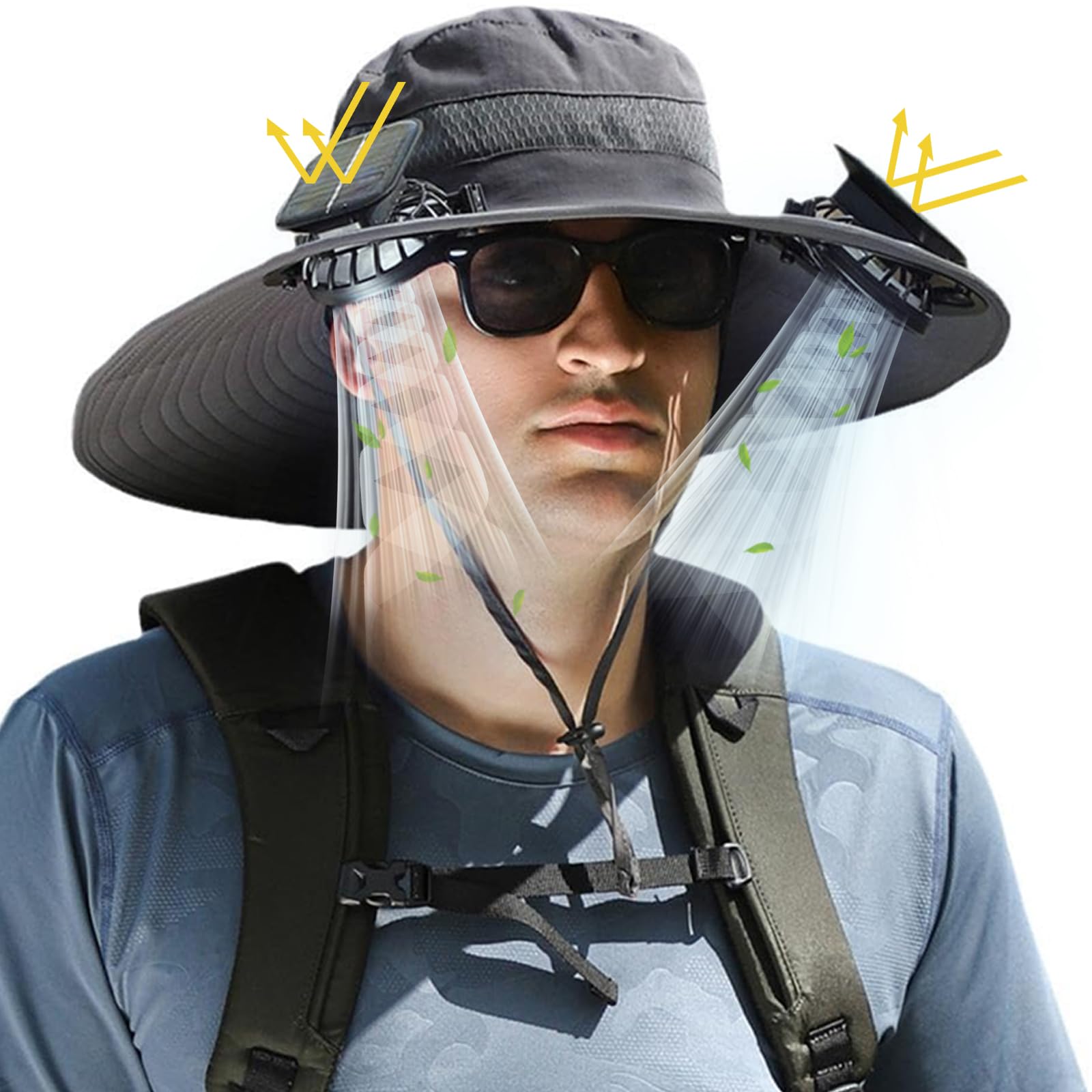 Grey wide-brim solar fan hat - front view
