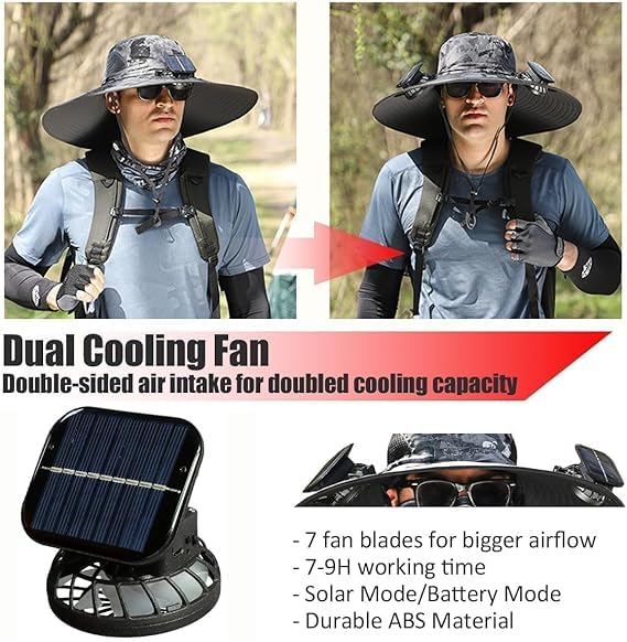 Hat close-up highlighting USB charging port and solar charging