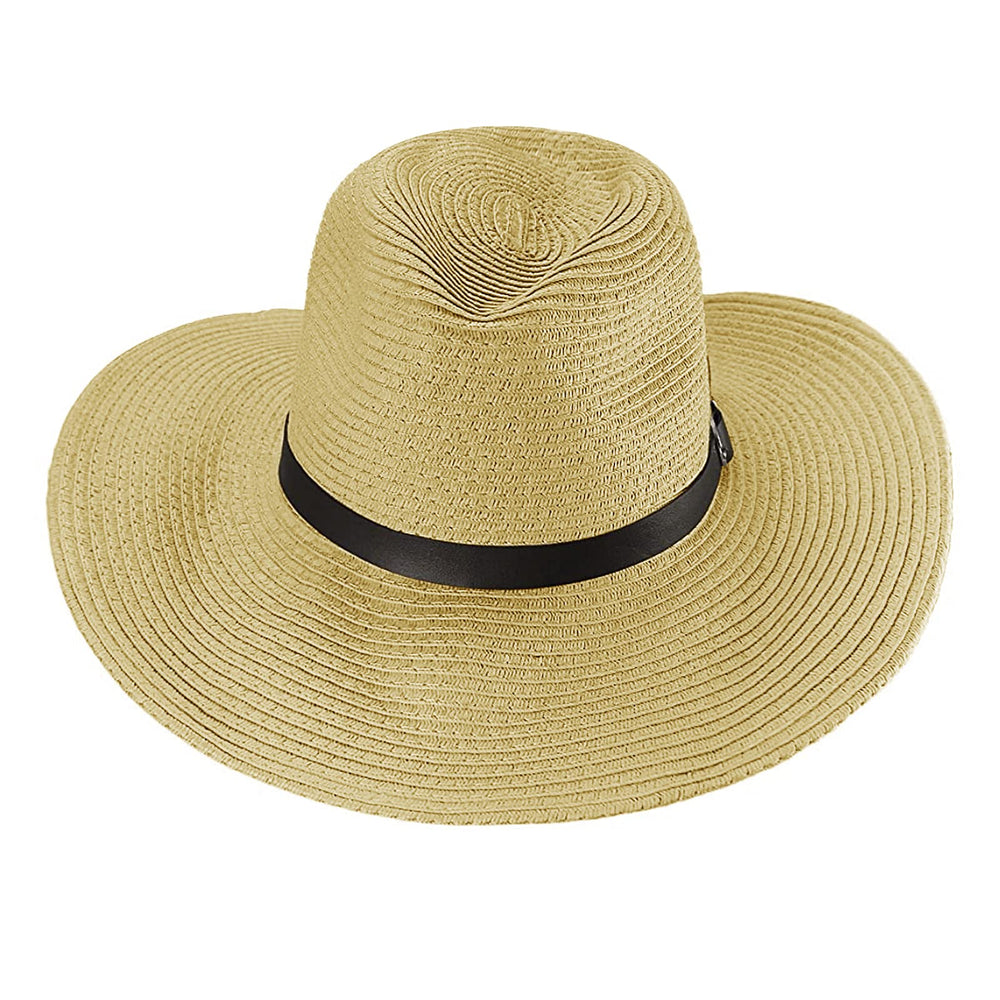 Wide brim Panama hat with adjustable chin strap and leather band