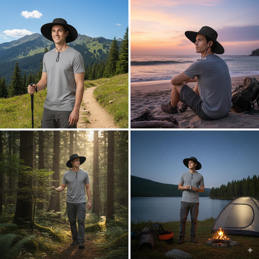 Back view with adjustable strap and packable design