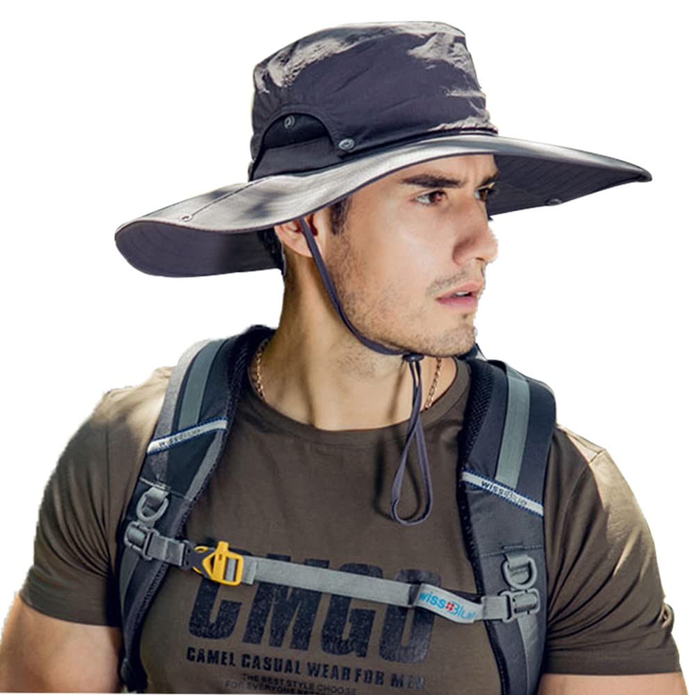 Dark grey wide brim sun hat for men - front view