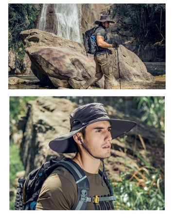 Outdoor lifestyle man wearing sun hat during hiking
