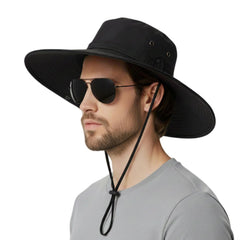 Front view of black wide brim sun hat for men and women