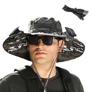 Wide brim sun hat with built-in solar fans in dark gray camouflage - front view