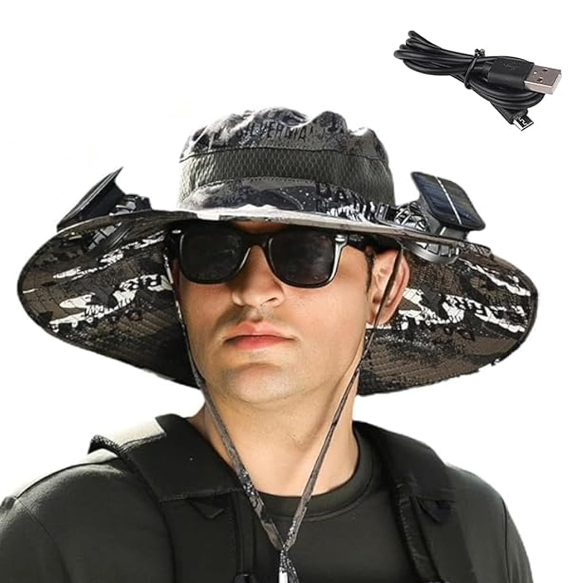 Wide brim sun hat with built-in solar fans in dark gray camouflage - front view